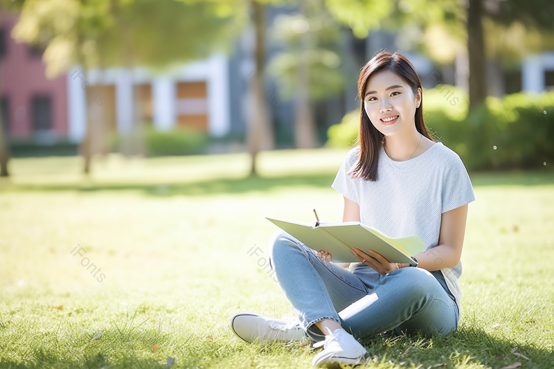 女大学生在校园内草坪上看书,高清,摄影图,摄影图片,图片大全,摄影图免费下载